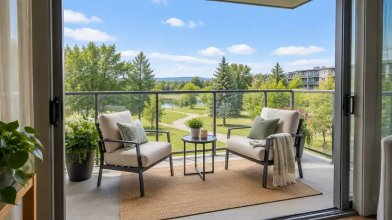 Balcon vitré avec deux fauteuils, vue sur un parc (image d’illustration)